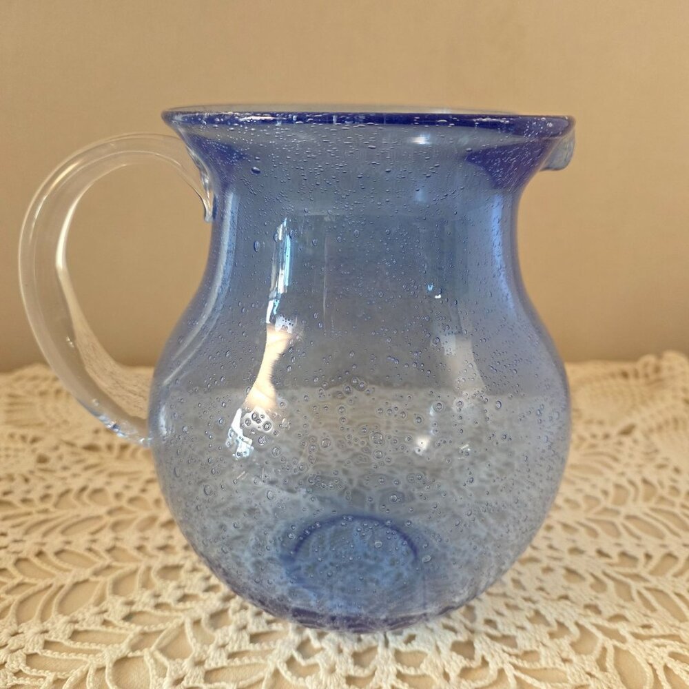 Vintage Cobalt Handblown Bubble Glass Pitcher With Clear Applied Handle - Picture 1 of 16